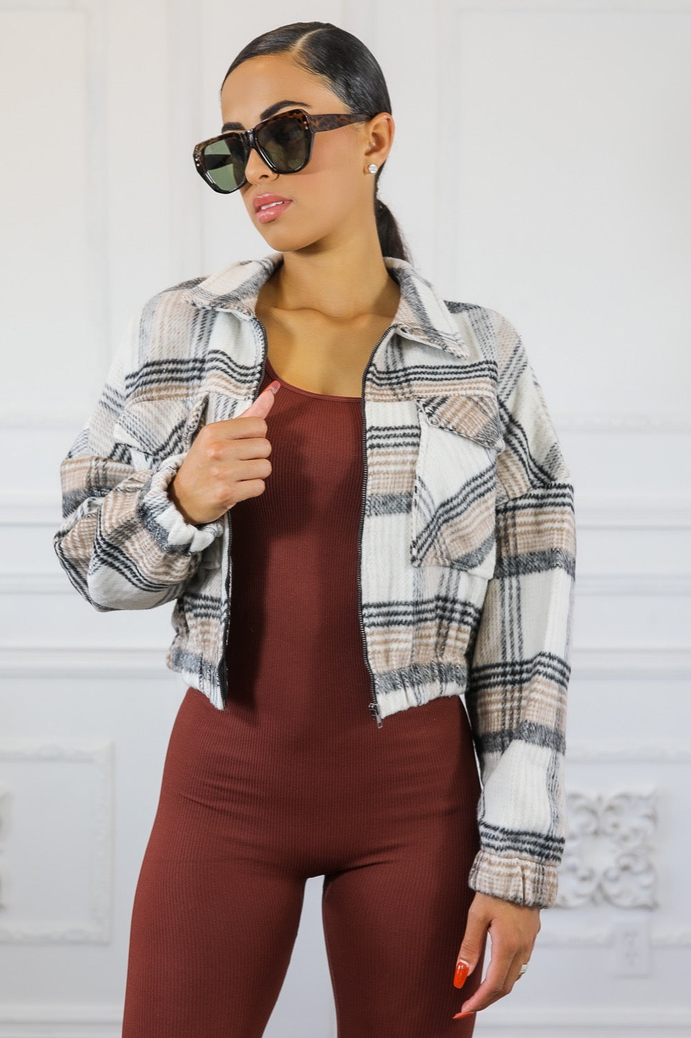 Long Sleeves Plaid Zip Up Collard Jacket