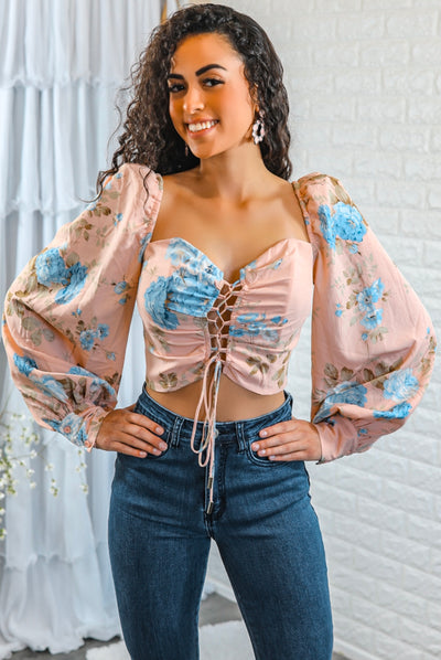 Flirty Me Puff Sleeves with Front Tie Lace Details floral print top