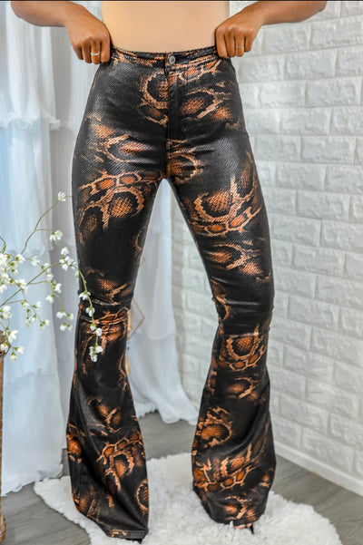 Coated Snake Print Flare Bell Bottom Jeans