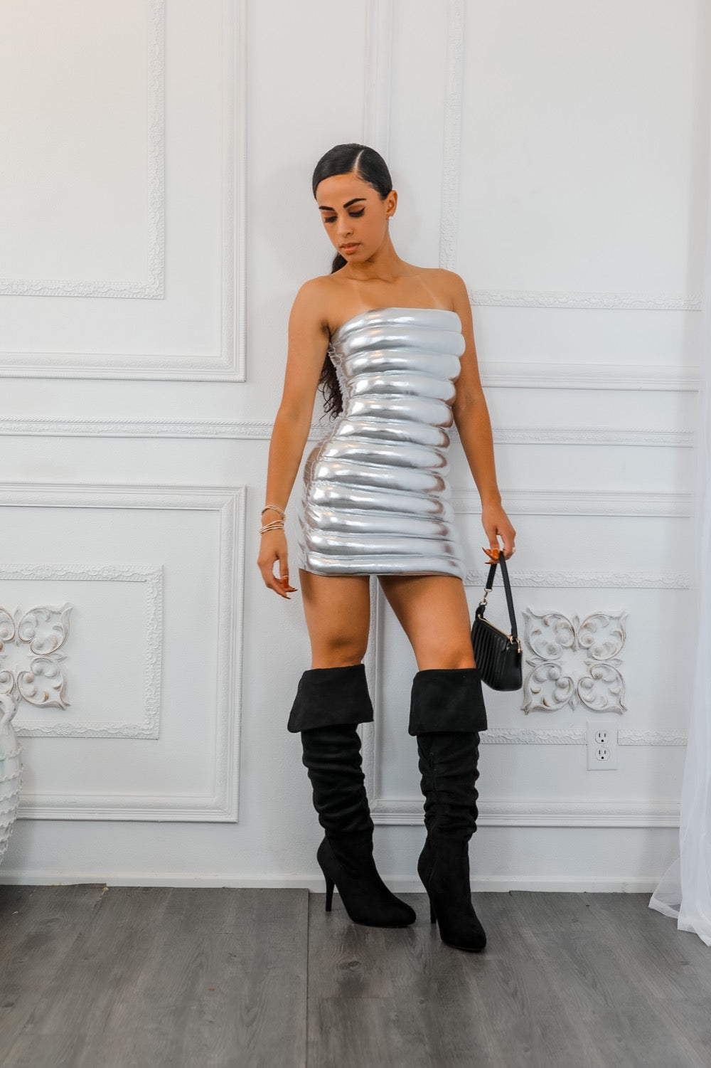 Puffer Metallic Look Mini Dress