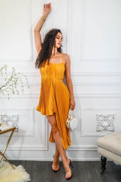 Pleated On Me Asymmetrical High Low Dress