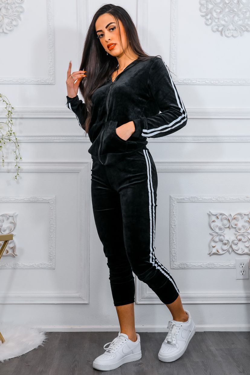 Lined up Sporty Hooded Faux Suede Jogger Set