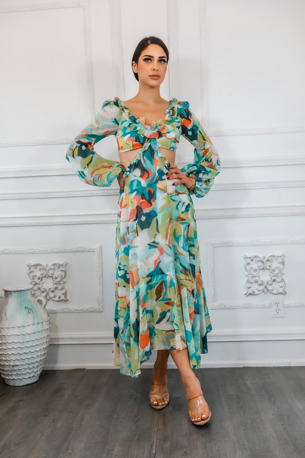 Bubble Sleeves Floral Cut-Out Ruffle Midi Dress