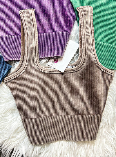 Thick Washed Ribbed Square Neck Cropped Tank Top