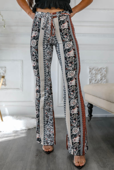 Paisley Floral Print Bell Bottoms Cream with Front Tie