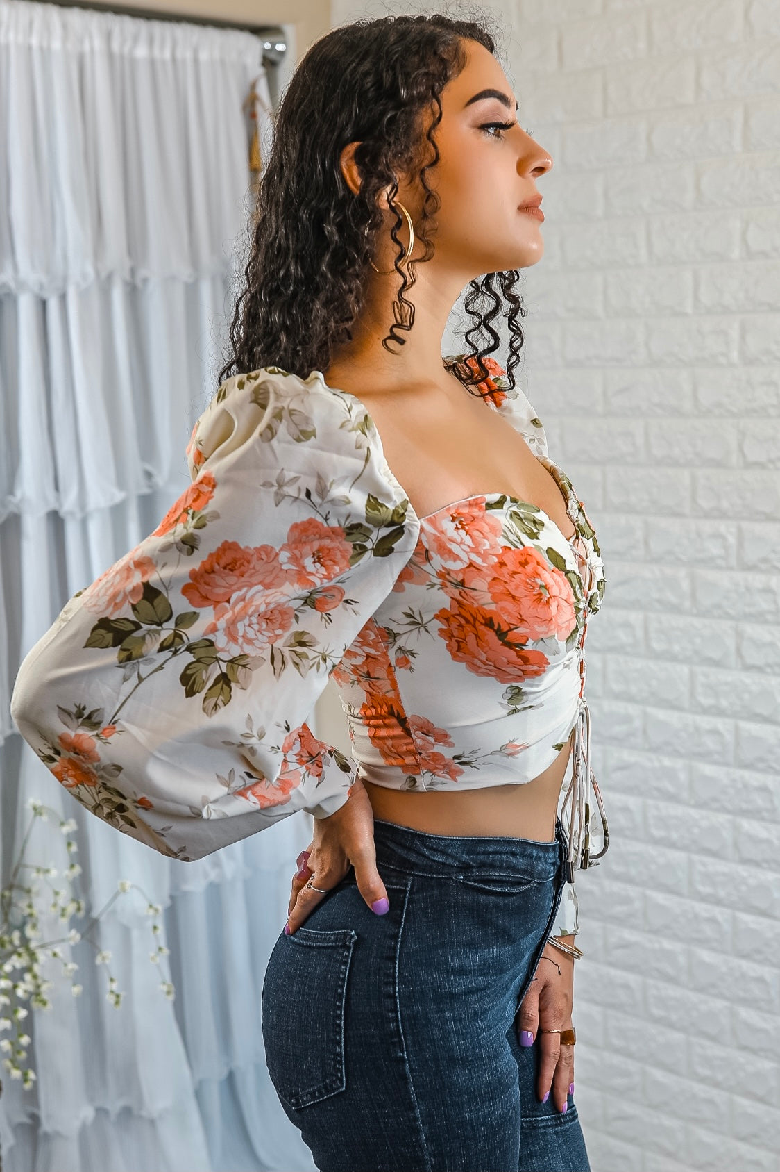 Flirty Me Puff Sleeves with Front Tie Lace Details floral print top