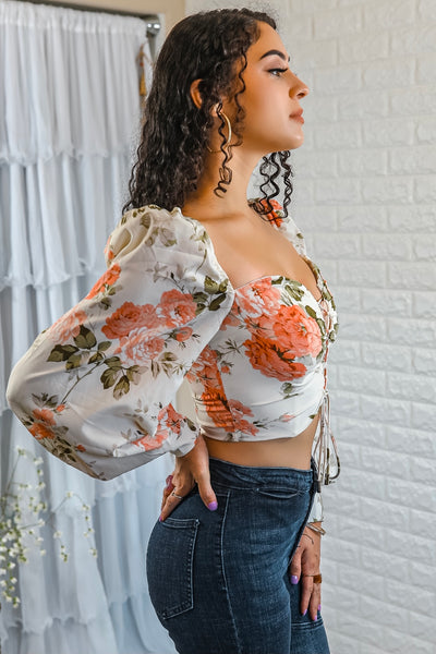 Flirty Me Puff Sleeves with Front Tie Lace Details floral print top