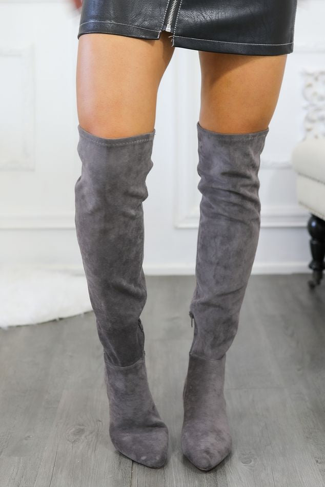 Set The Bar Pointed Toe Knee High Boots Grey 6