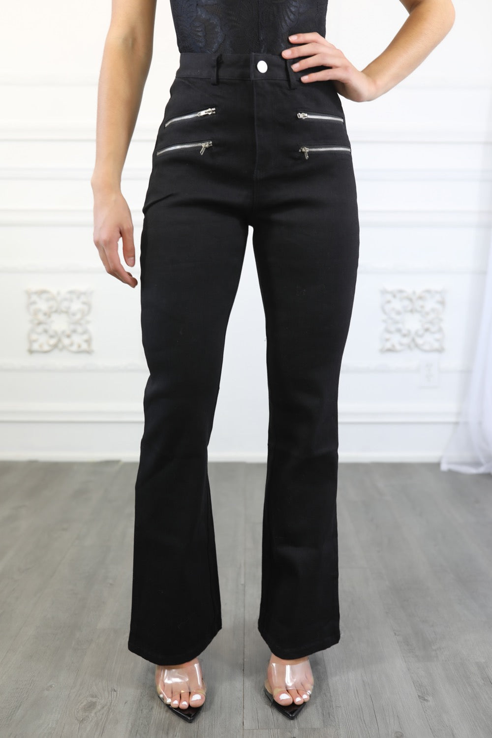 Slacks Zip Lock Black Flared Slacks With Double Zipper Detail – SURELYMINE