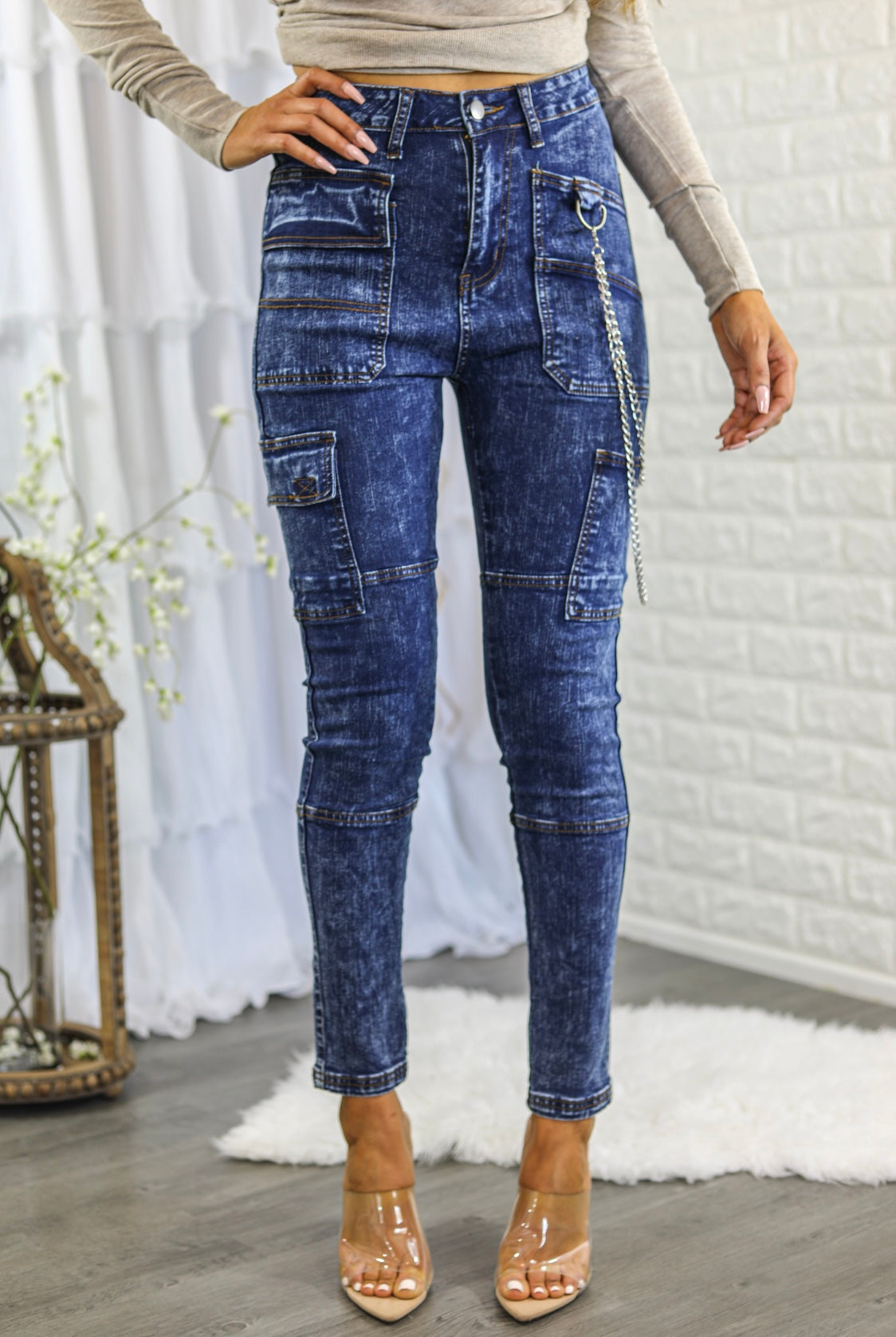 Mineral Wash High Waisted Cargo Style Skinny Jeans