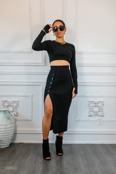 Sexy Pleated Slit Detailed Sweater Skirt with Long Sleeve Crop Top Set