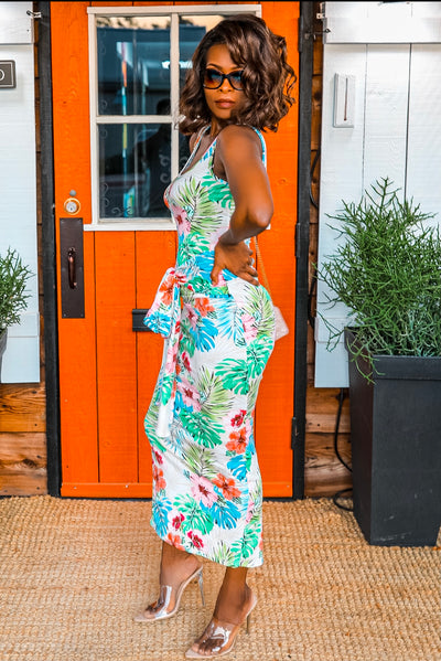 Tropical Print Bodycon Maxi Dress with Front Tie Waist