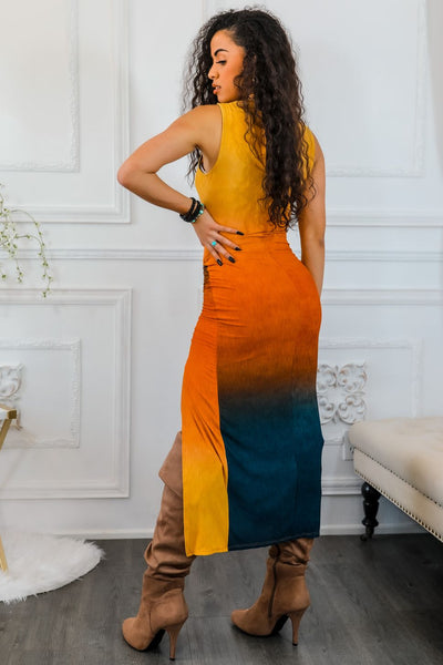 Ombre Sunset Cinched Maxi Dress Mustard