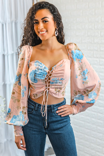 Flirty Me Puff Sleeves with Front Tie Lace Details floral print top