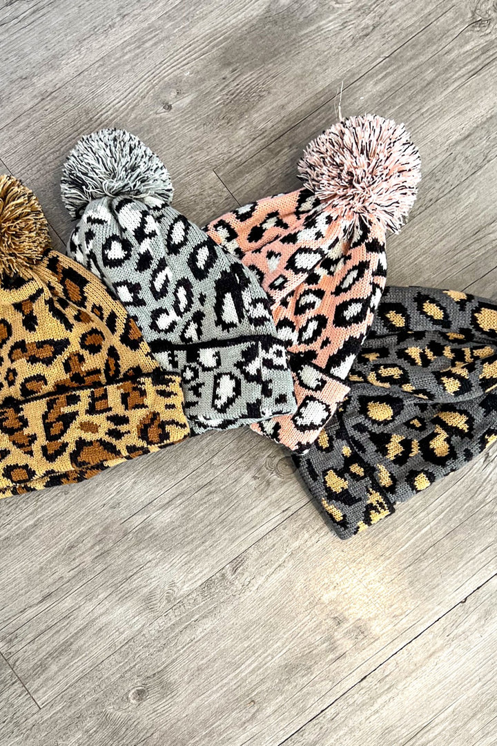 Leopard Print Beanie With Fur Puff On Top