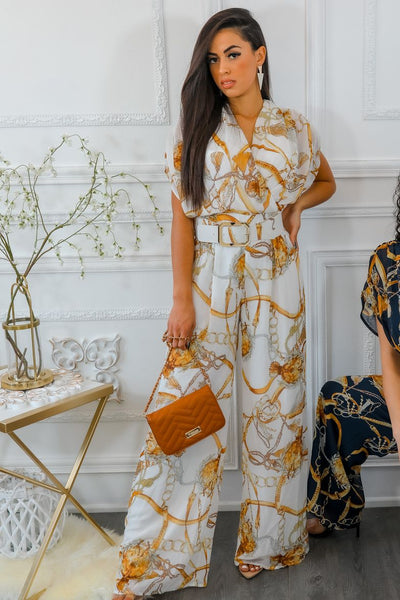Printed Chains Belted Palazzo Jumpsuit