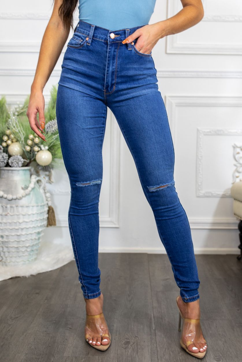 Just a Little Knee Cut High Waisted Great Stretch Jeans