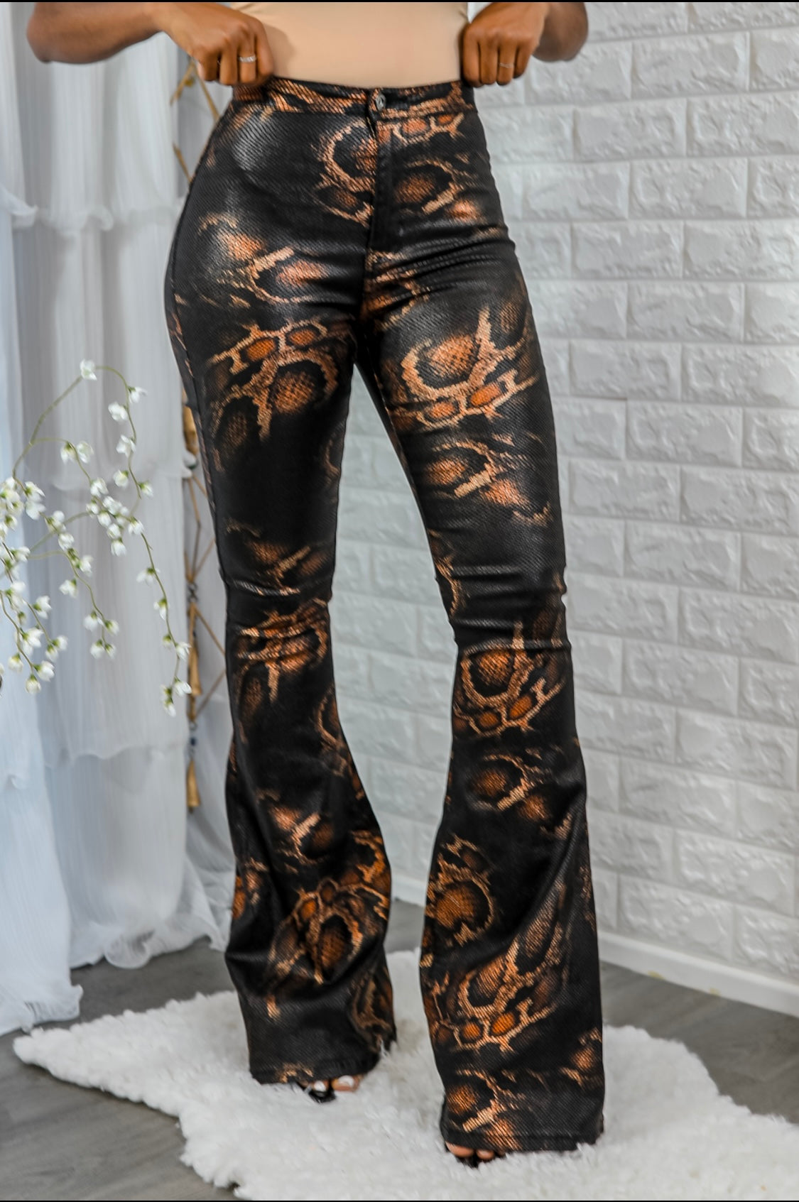Coated Snake Print Flare Bell Bottom Jeans