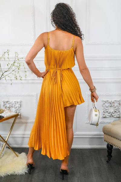 Pleated On Me Asymmetrical High Low Dress