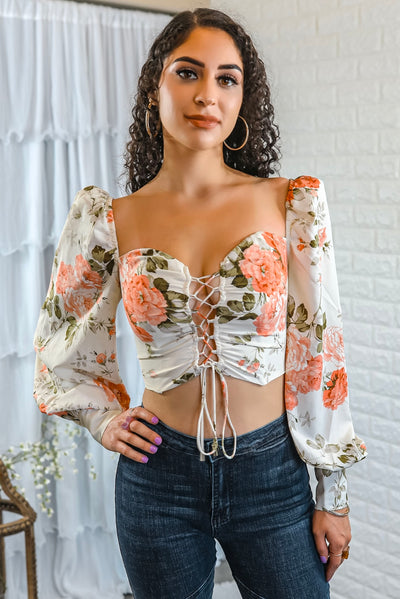 Flirty Me Puff Sleeves with Front Tie Lace Details floral print top
