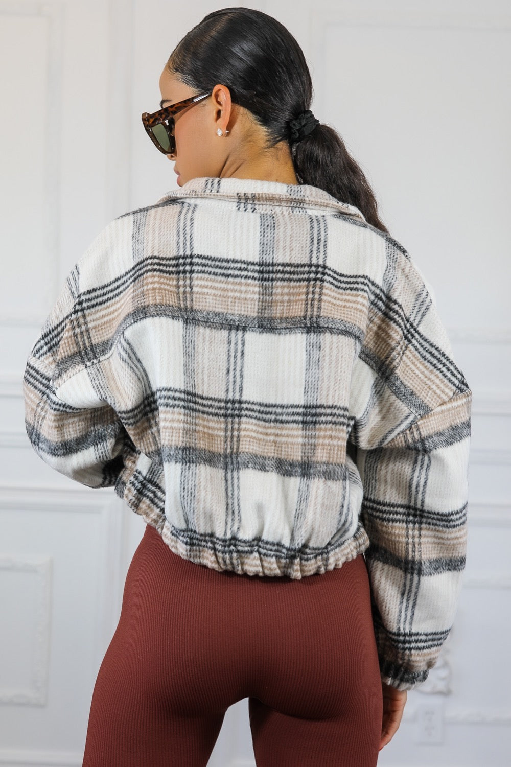 Long Sleeves Plaid Zip Up Collard Jacket