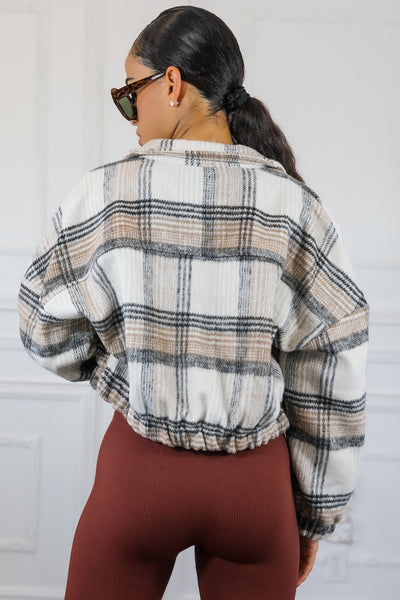 Long Sleeves Plaid Zip Up Collard Jacket
