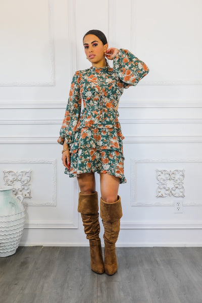 Bubble Sleeves Floral Cutout Laced Mini Dress