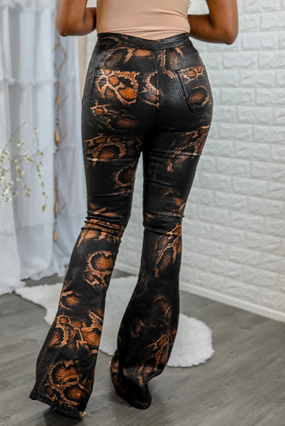 Coated Snake Print Flare Bell Bottom Jeans