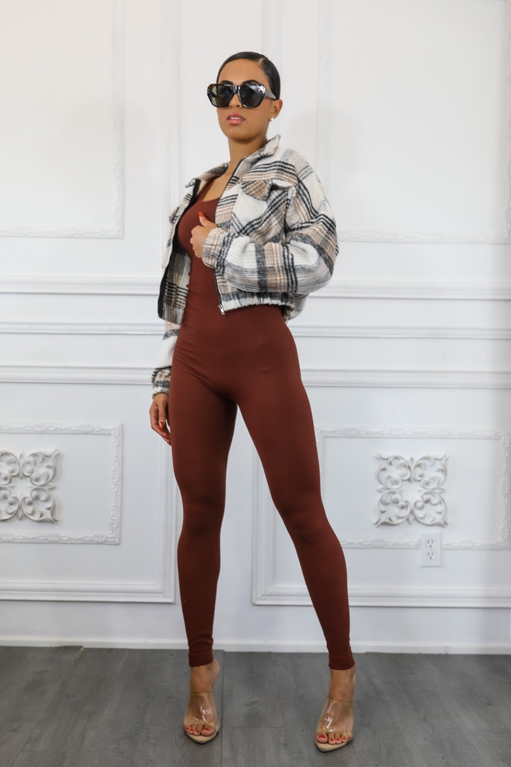 Long Sleeves Plaid Zip Up Collard Jacket