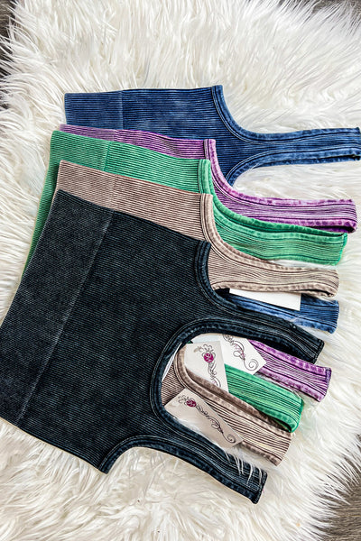 Thick Washed Ribbed Square Neck Cropped Tank Top