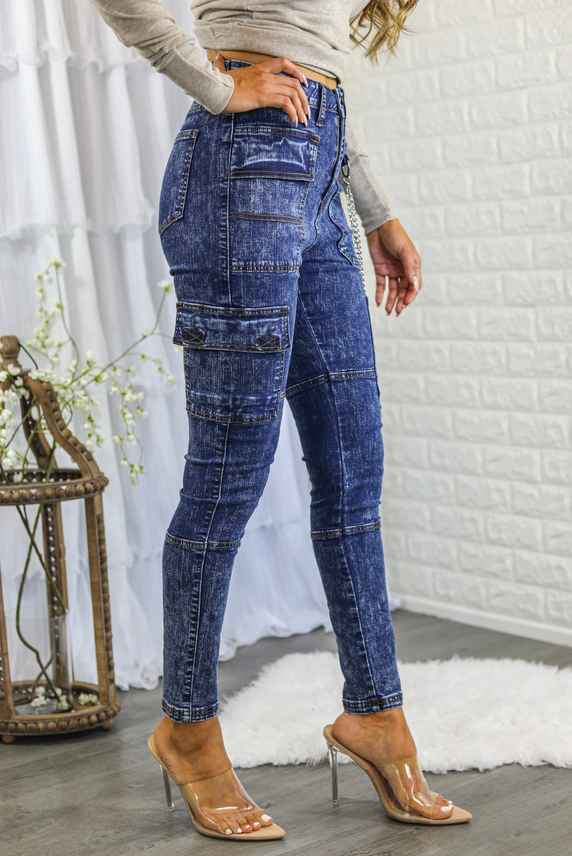 Mineral Wash High Waisted Cargo Style Skinny Jeans