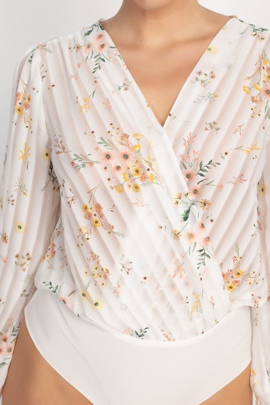 Serilda Long Sleeves Stripe Floral Wrap Bodysuit White - SURELYMINE