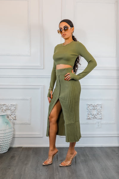 Sexy Pleated Slit Detailed Sweater Skirt with Long Sleeve Crop Top Set