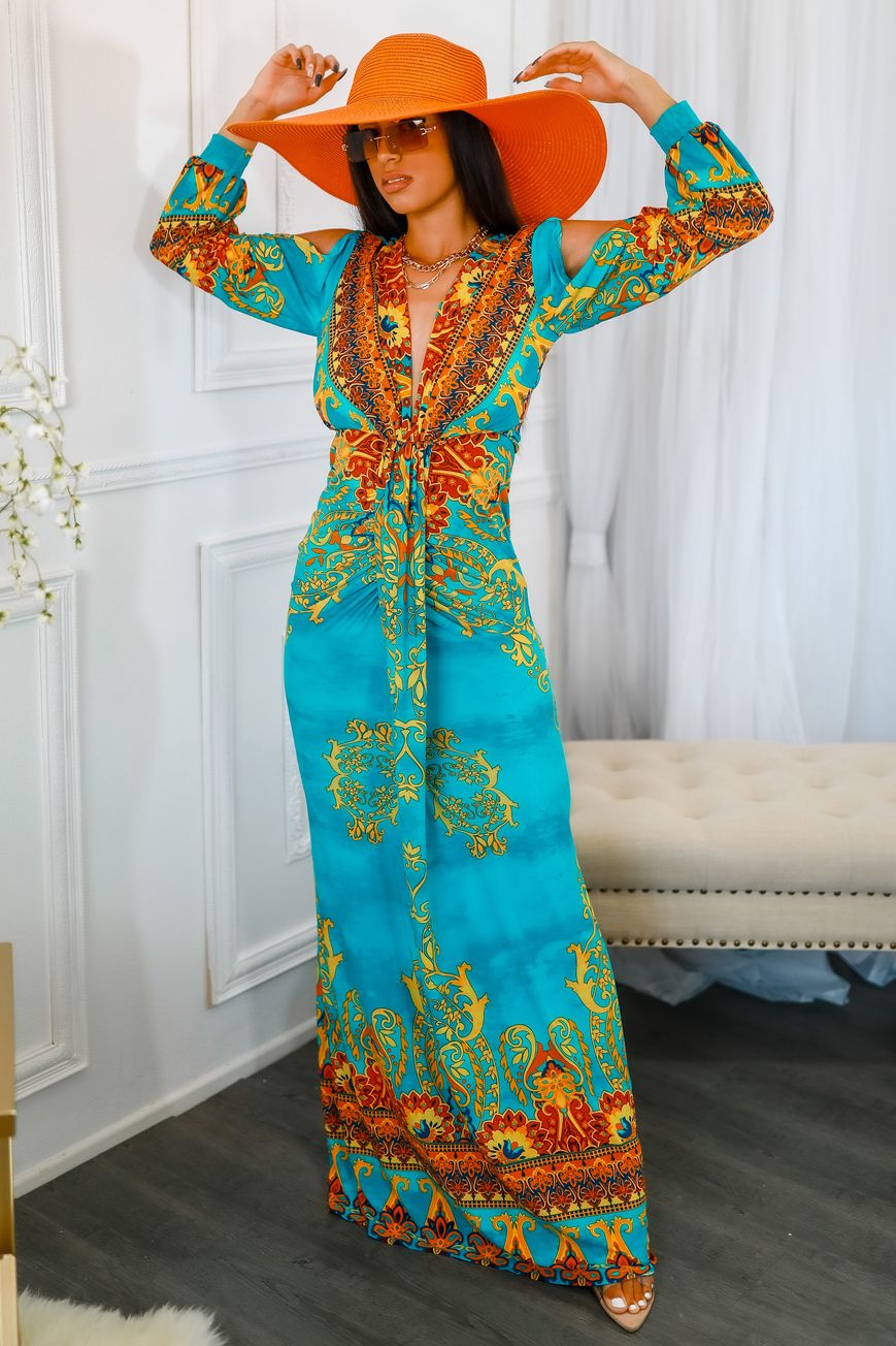 My Empire Long Slit Sleeves Plunged Neckline Maxi Dress