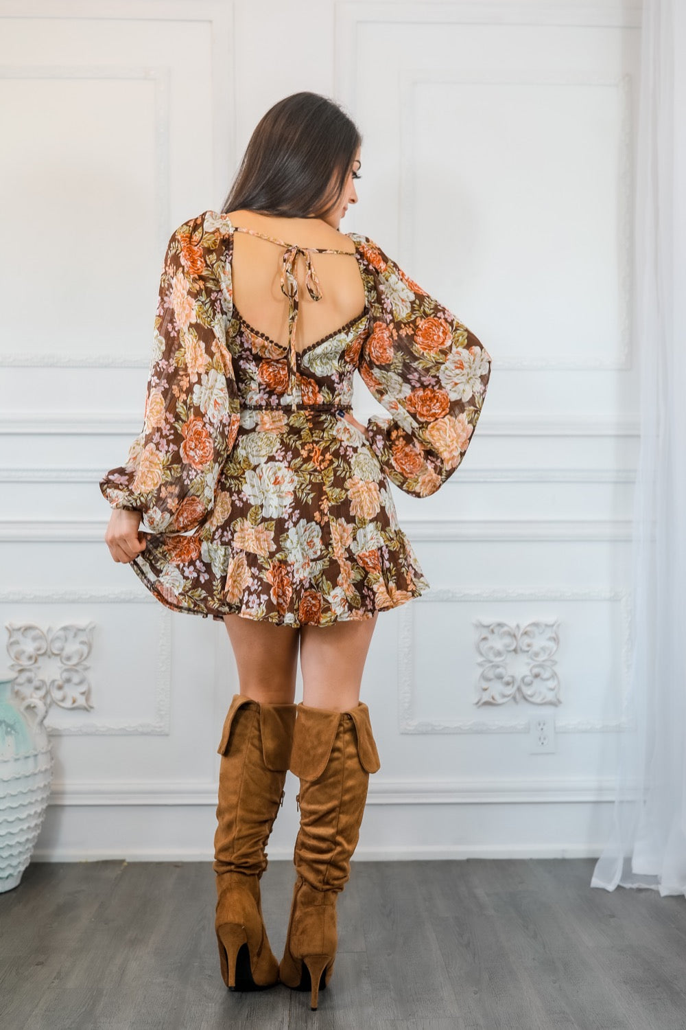 Sahara Lace Up Floral Romper with Peak a Boo Details