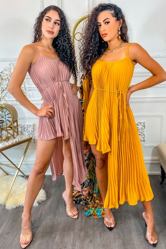 Pleated On Me Asymmetrical High Low Dress