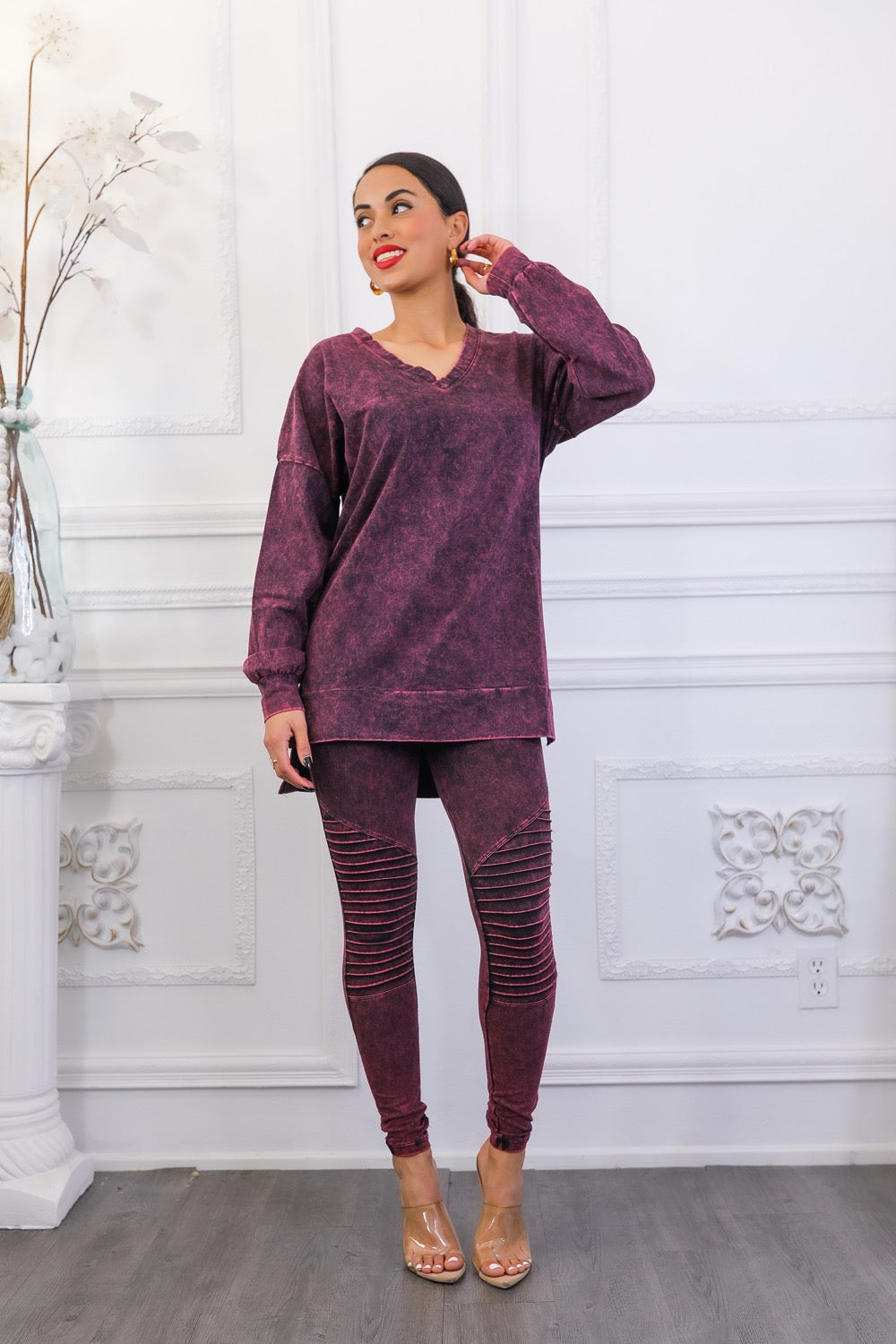 Mineral Wash Long Sleeves Top and Motto Legging Set