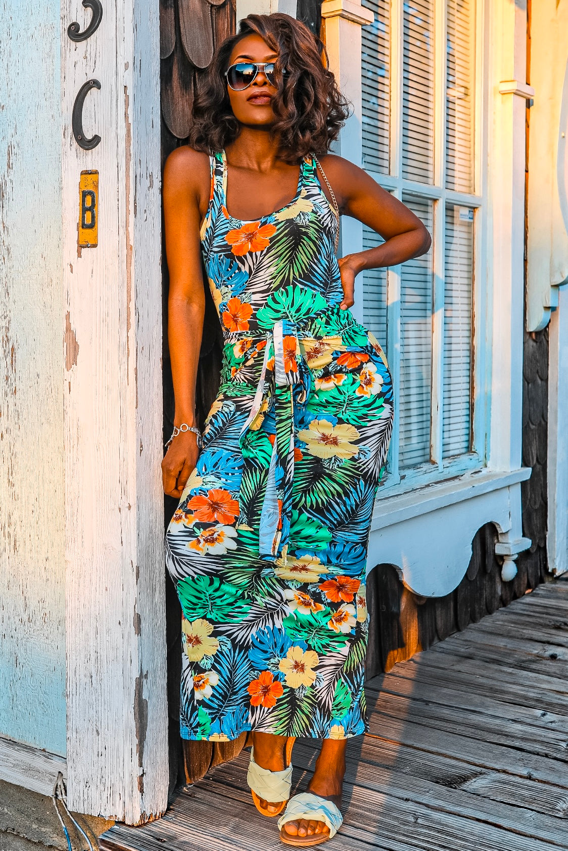 Tropical Print Bodycon Maxi Dress with Front Tie Waist